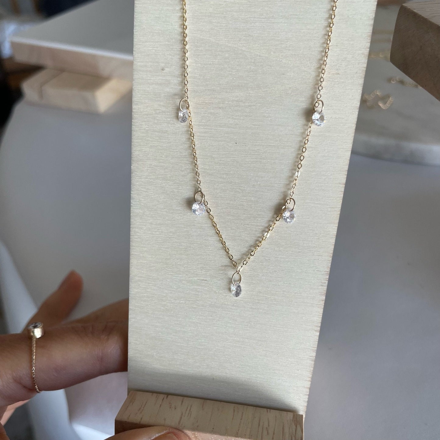 14KGF Dangle Necklace: Diamond CZ Choker with 14K Solid Gold