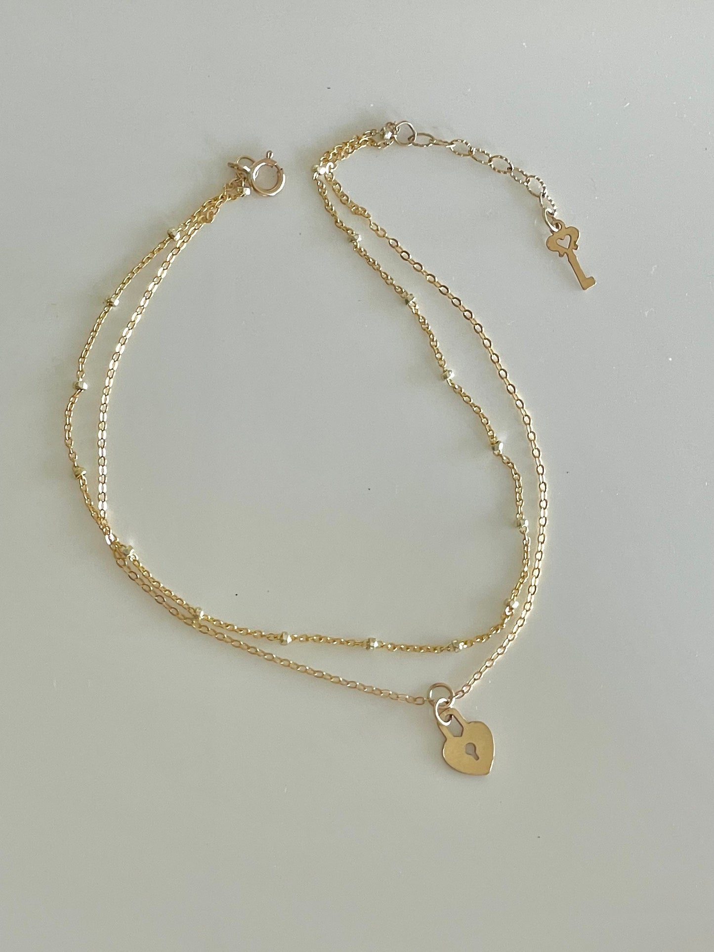 14KGF Gold Heart Lock and Key Double Stranded Anklet 14K Gold-Filled with 14K Solid Gold Dainty Anklet Gift for her