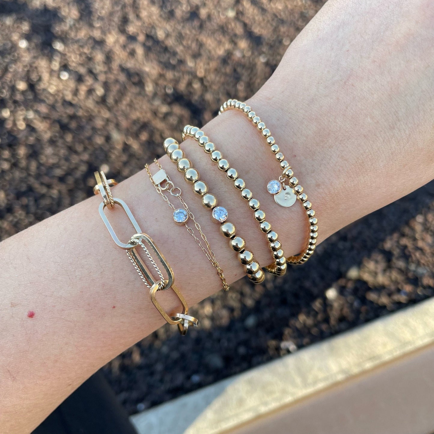 14K Gold Filled Beaded Bracelet with Initial Disc & CZ