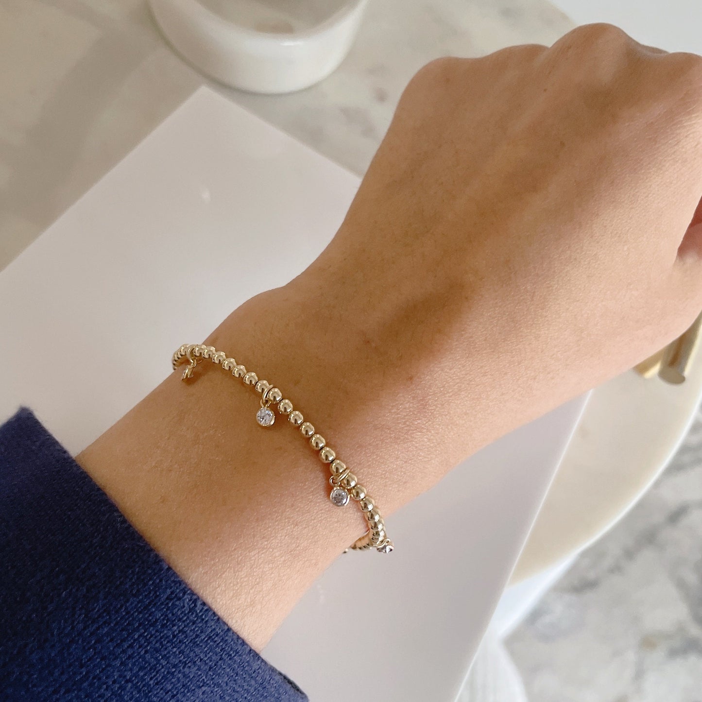 Belief Diamond Collection - 14KGF Beaded Bracelet with Diamond Dangles