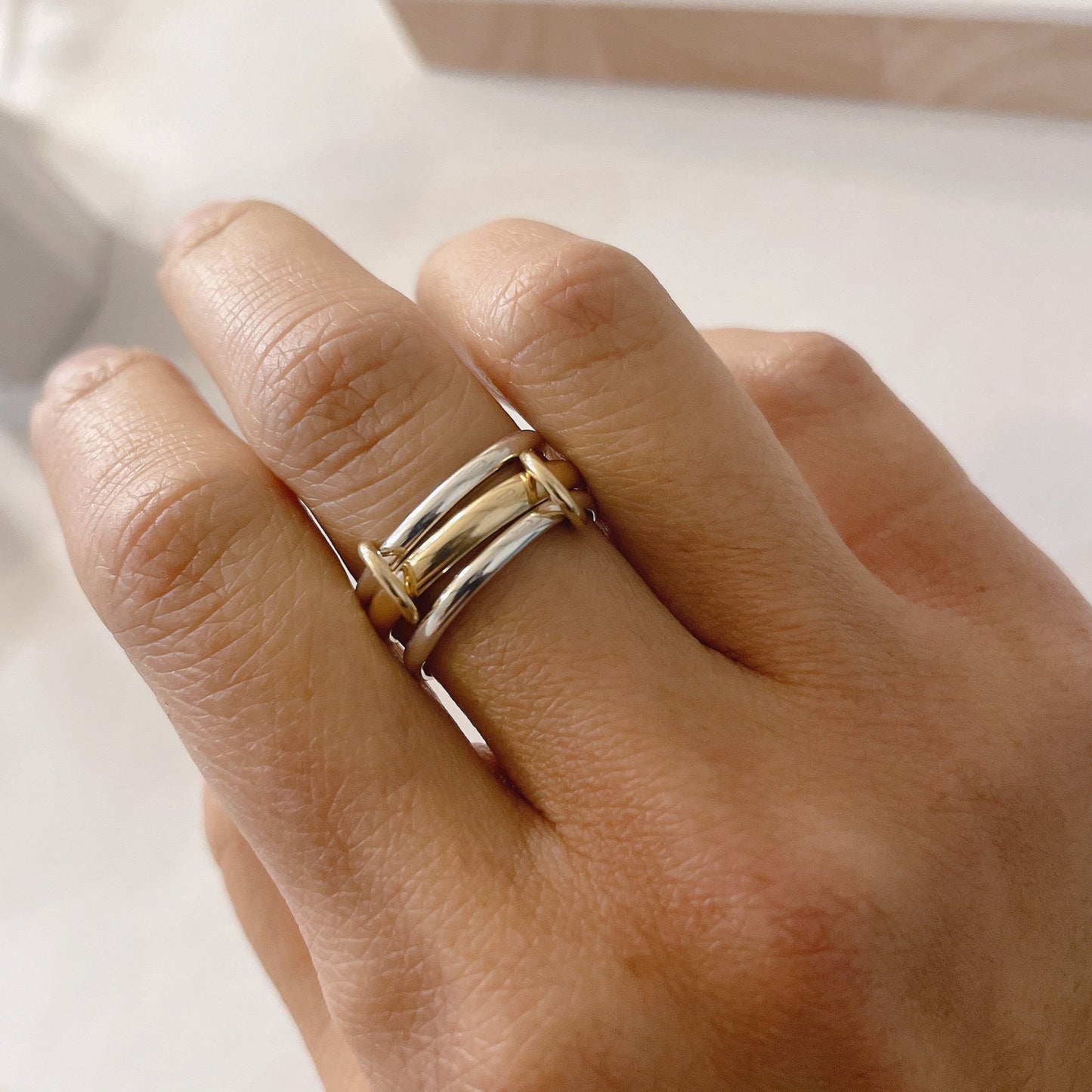 Two-Tone Connected Rings: 14KGF Gold and Sterling Silver Stacking Ring (R2S1)