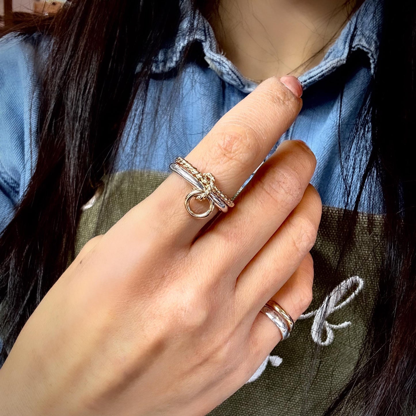 Belief GF Link Ring Two-Tone Connected Dangle Rings: 14KGF Gold and Sterling Silver Stacking Ring Twist Point Dangle