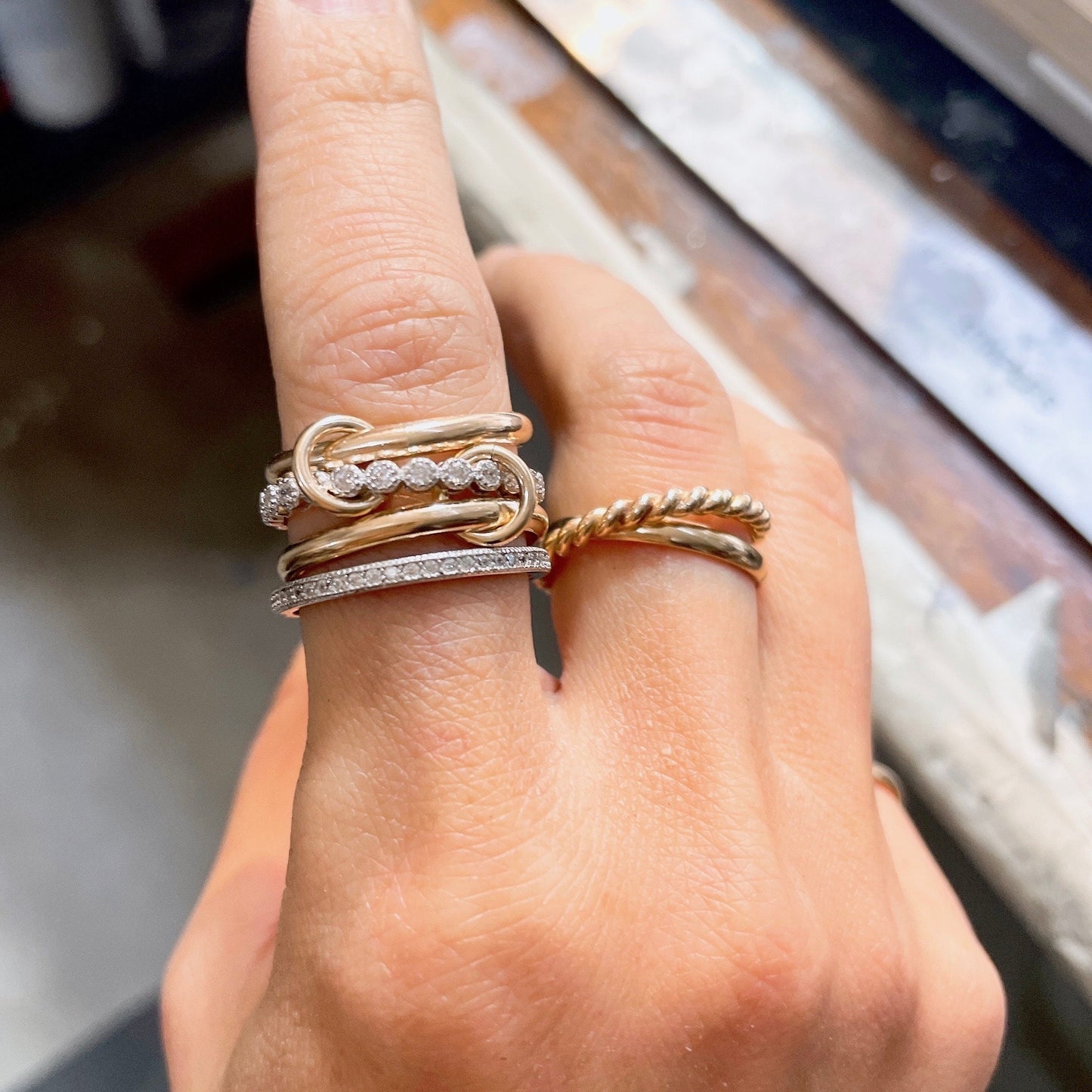 14KGF Gold Connected Eternity Ring Set: Sterling Silver Circle Link (R15)