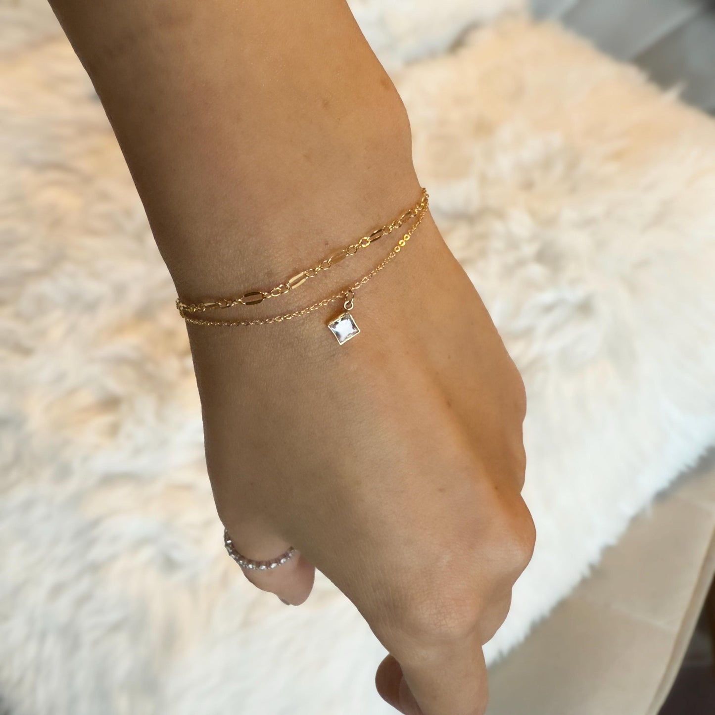 14KGF Gold Filled Double Chain Bracelet with Diamond Square Charm | Mix and Match Design | 1/20 14K Stamped