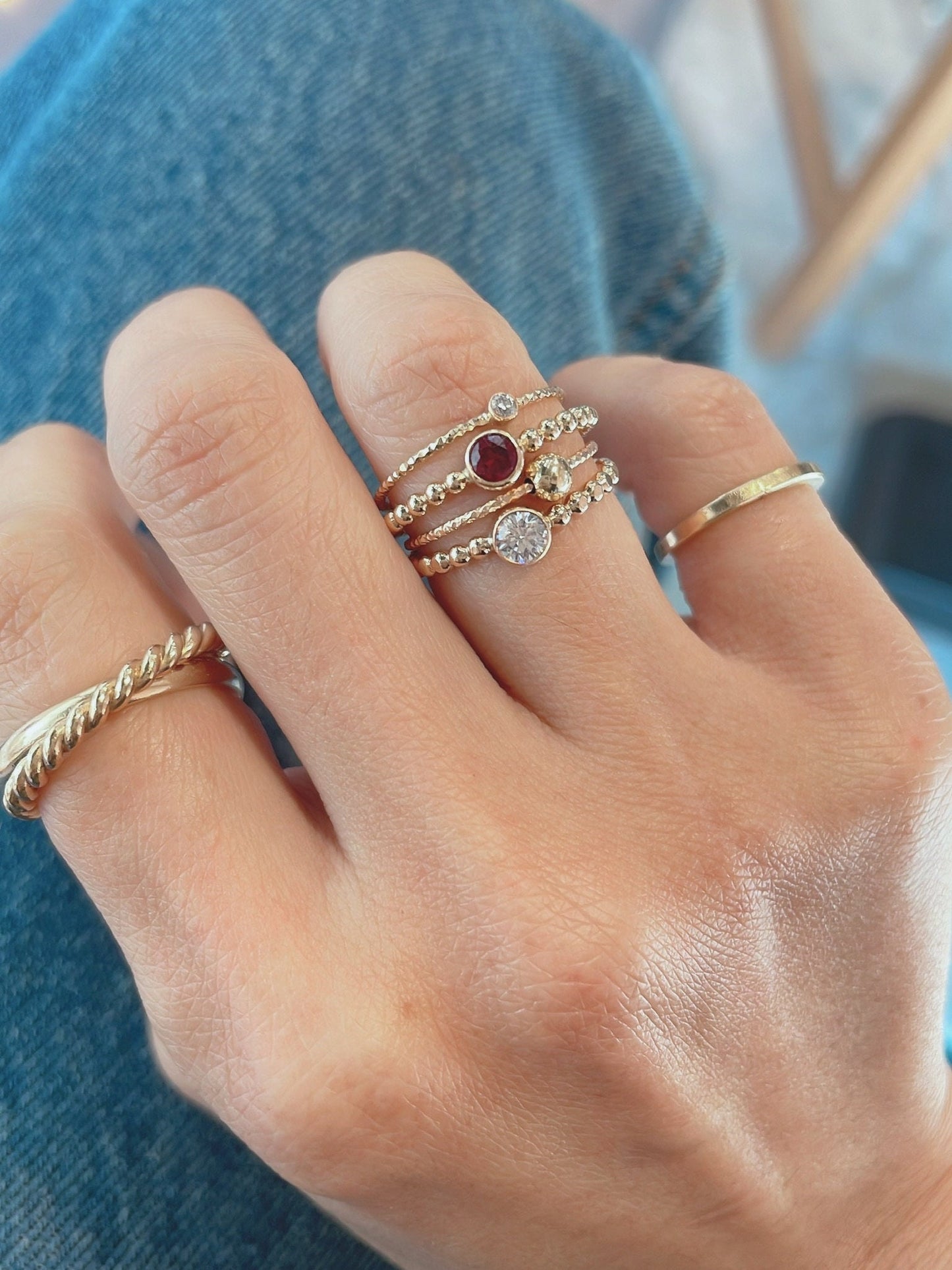 14K Gold Filled Garnet Ring Set: Stackable CZ Stone Rings