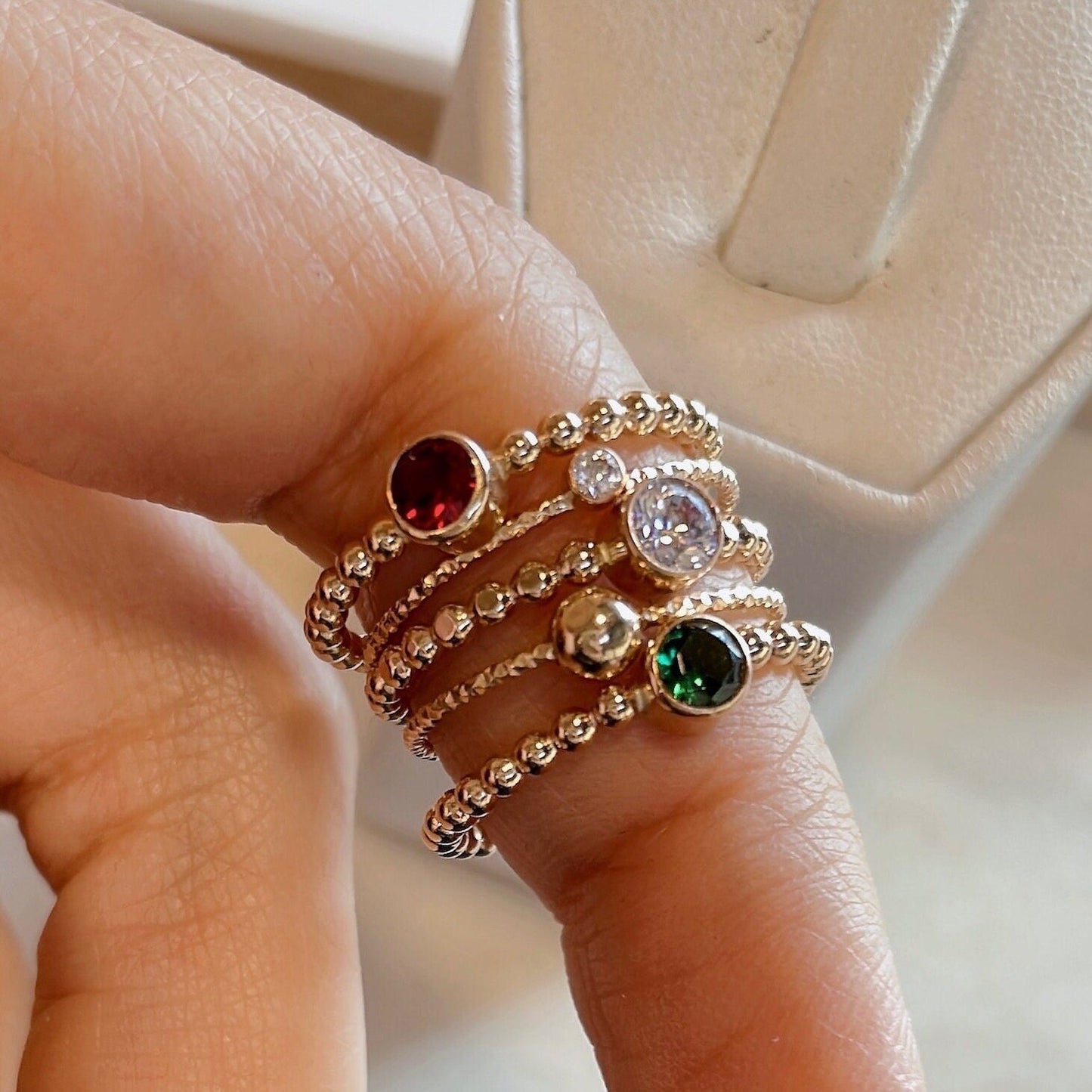 14K Gold Filled Ring Set: Garnet, Emerald, CZ Stackable Rings