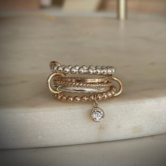 Two Tone 14K Gold Filled Layered Ring with Beaded and Twist Bands CZ Charm Stacking Ring Sterling Silver Gold Filled Mixed Metal Ring (R12)