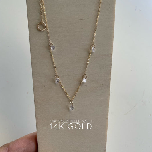14KGF Dangle Necklace: Diamond CZ Choker with 14K Solid Gold