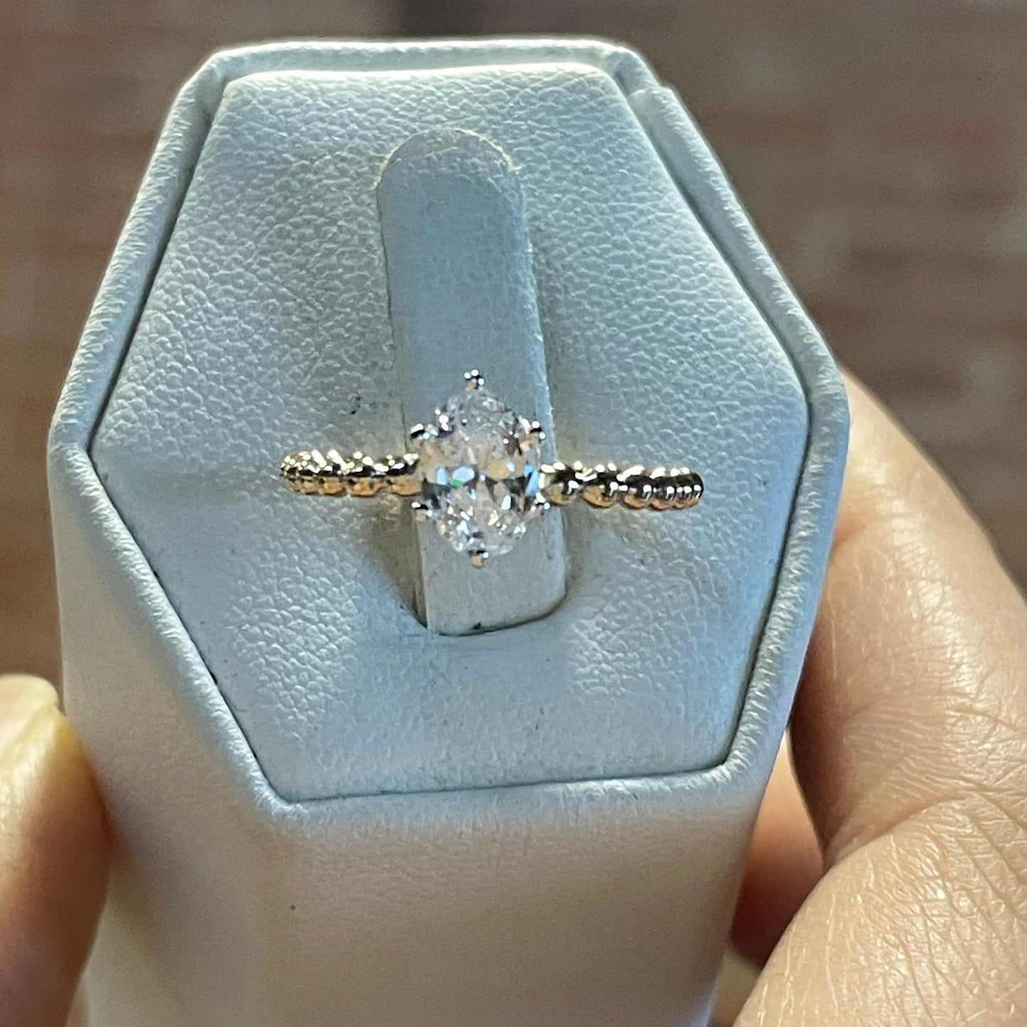 14KGF Solitaire Diamond Cut Oval CZ Ring Set, 7*5 Oval Prong Setting, 14K Gold filled Bead Band , Precious Stone Ring, 14K 1/20