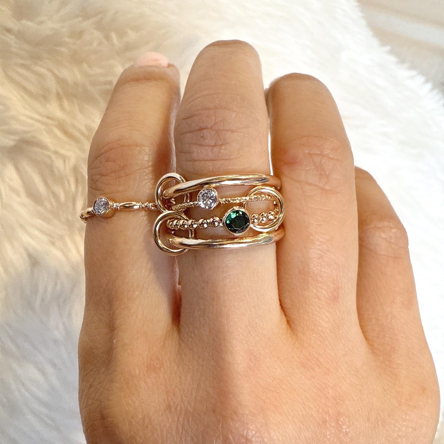 14KGF Gold Multi Stone Ring: Emerald Birthstone Bezel Connected Ring (R19)