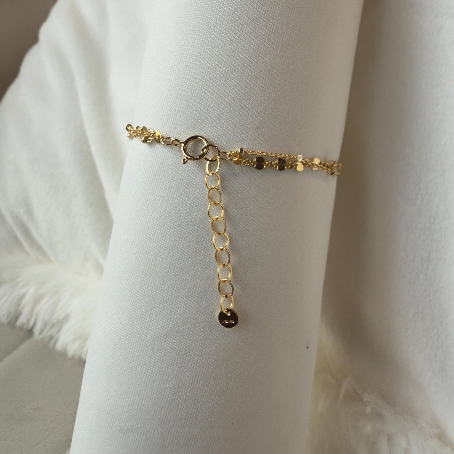14KGF Gold Filled Double Chain Bracelet with Mini Cross Charm | Dapped & Satellite Layered Design | 1/20 14K Stamped