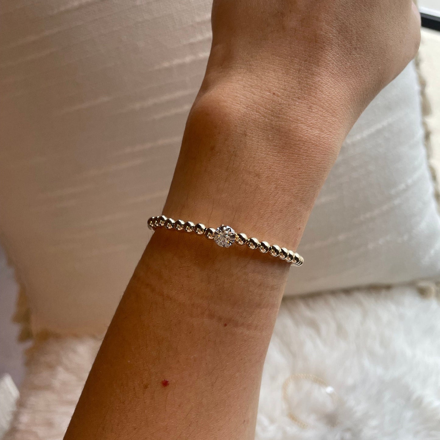 14K Gold Filled Beaded Bracelet: Diamond CZ Solitaire