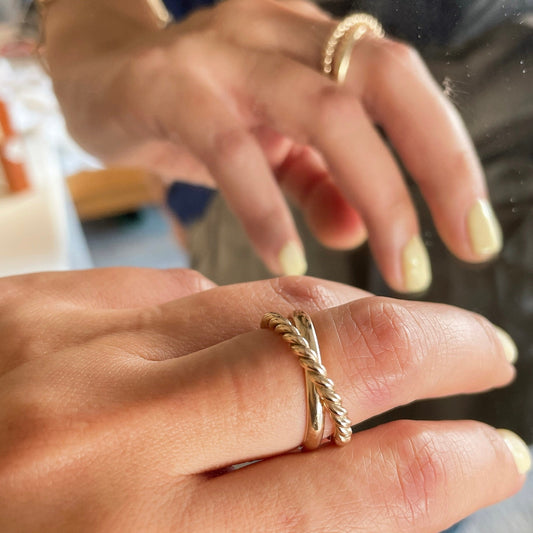 14K Gold Filled Crossing Ring: Minimalist Interlocking Band
