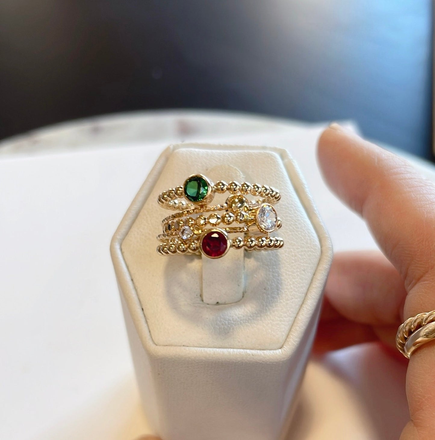 14K Gold Filled Ring Set: Garnet, Emerald, CZ Stackable Rings