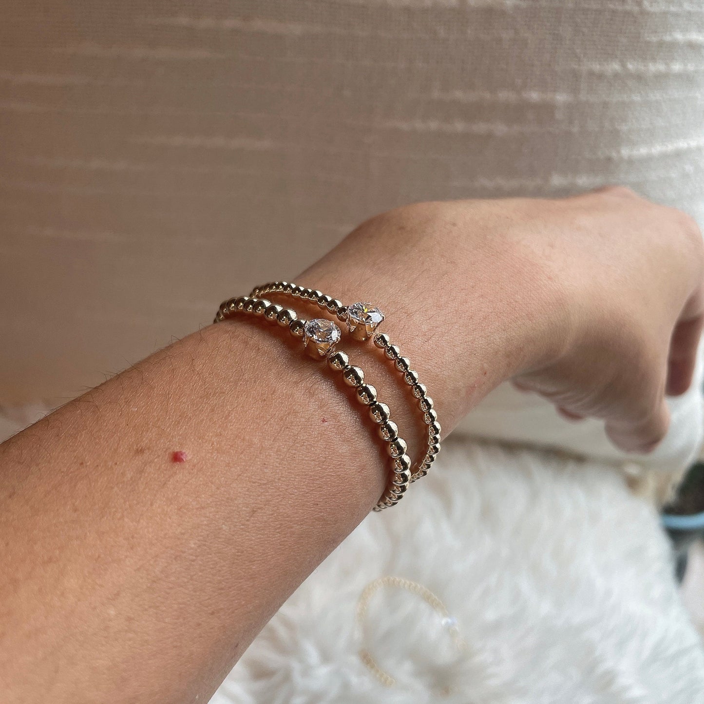14K Gold Filled Beaded Bracelet: Diamond CZ Solitaire