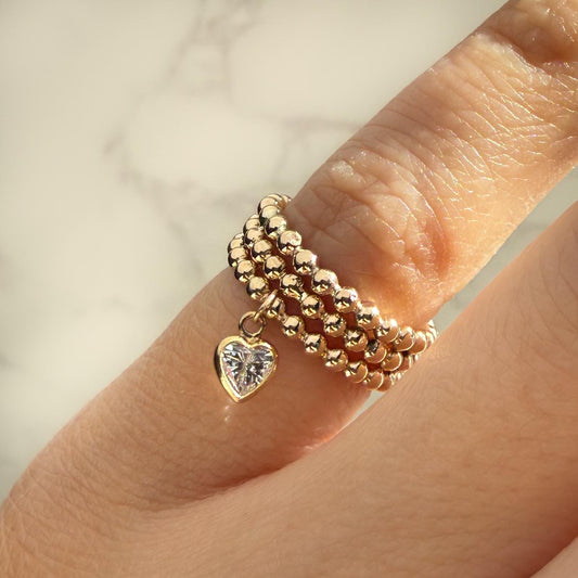 Belief Diamond Collection - Gold Filled Beaded Ring with Heart Charm, Triple Beaded Band, Stackable Pinky Ring, 4mm Moissanite Diamond or CZ