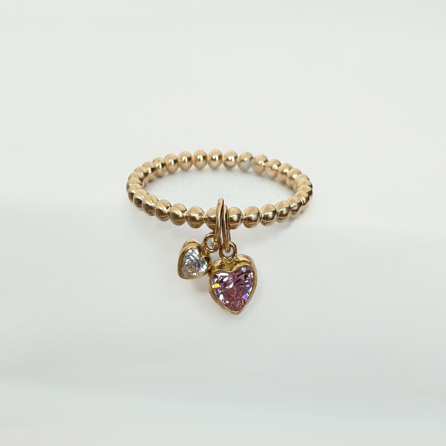 14K Gold-Filled Double Heart Diamond CZ Ring – Dainty Beaded Band