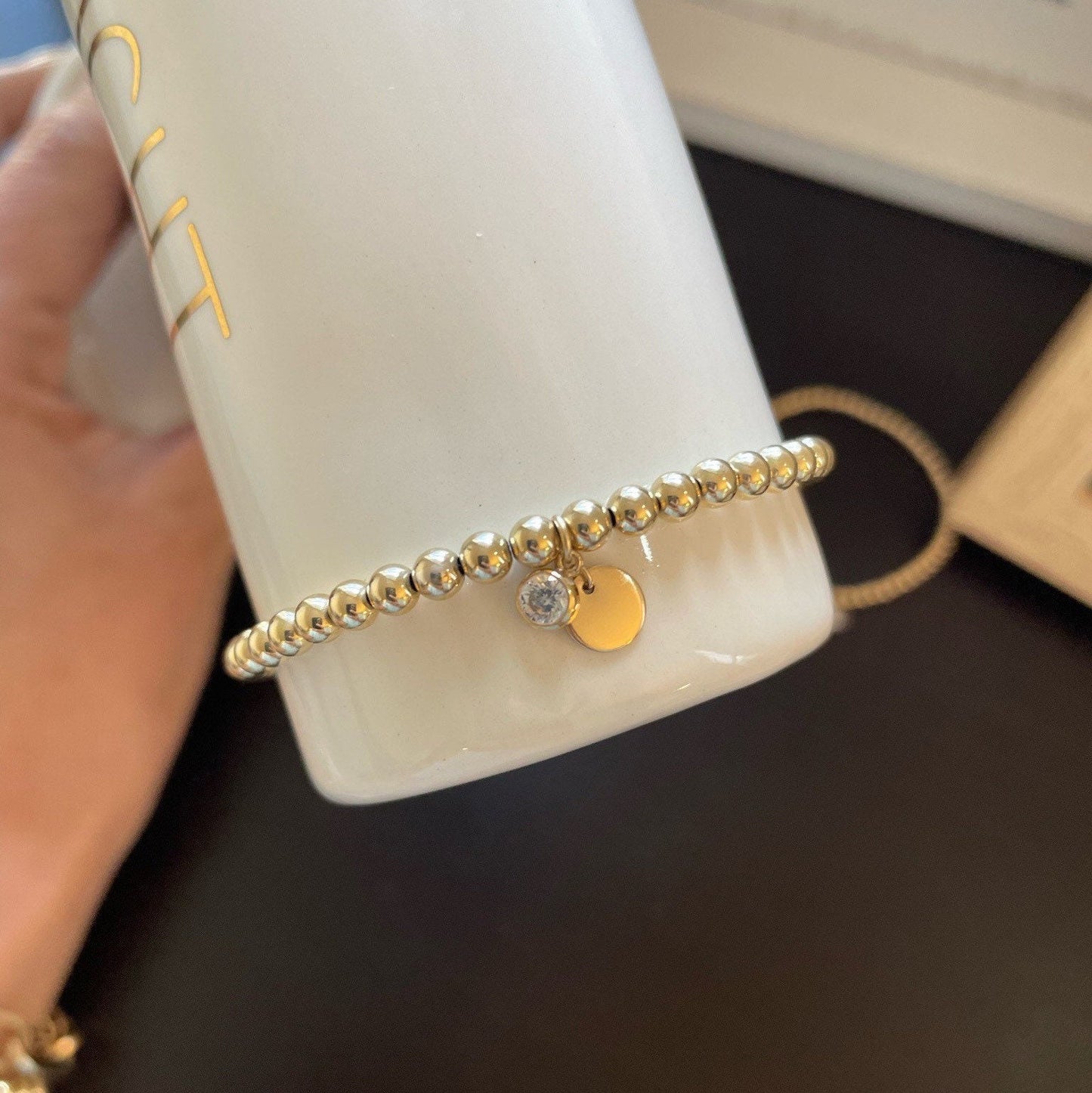 Belief Diamond Collection - 14K Gold Filled 3mm or 4mm Beaded Bracelet with Lab Diamond Drop & Personalized Disc Charm | Gold Ball Bracelet