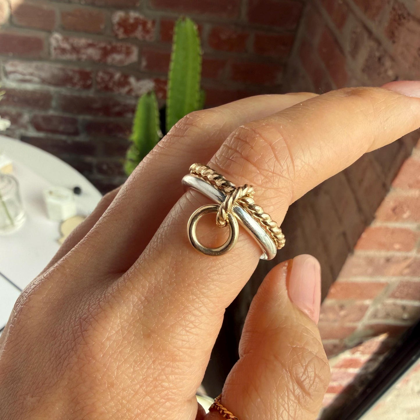 Belief GF Link Ring Two-Tone Connected Dangle Rings: 14KGF Gold and Sterling Silver Stacking Ring Twist Point Dangle