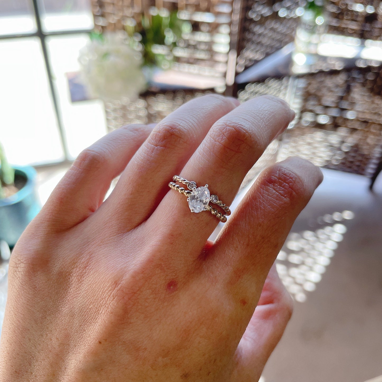 14KGF Solitaire Diamond Cut Oval CZ Ring Set, 7*5 Oval Prong Setting, 14K Gold filled Bead Band , Precious Stone Ring, 14K 1/20