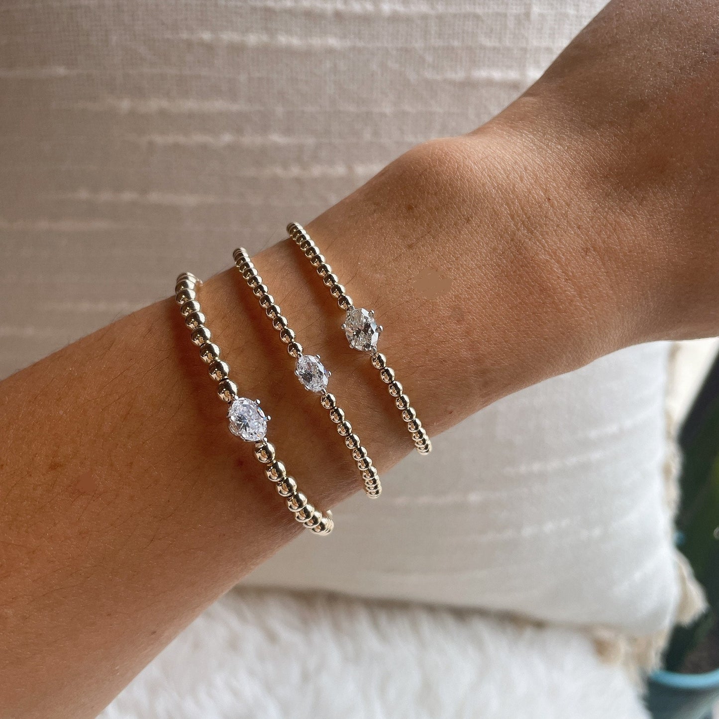 14KGF Gold Beaded Bracelet: Diamond CZ Solitaire