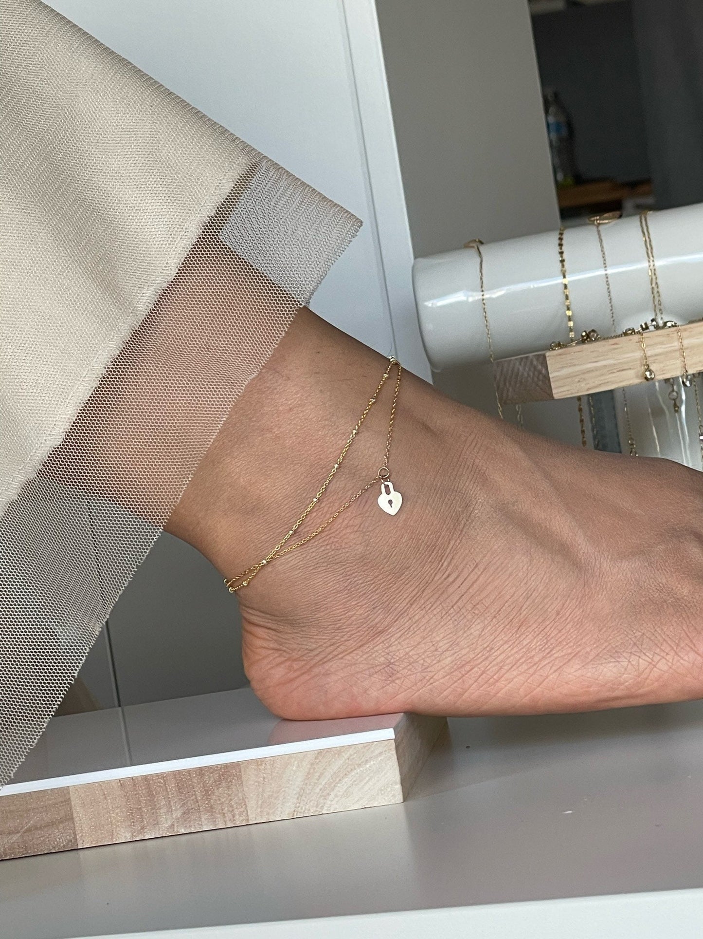 14KGF Gold Heart Lock and Key Double Stranded Anklet 14K Gold-Filled with 14K Solid Gold Dainty Anklet Gift for her