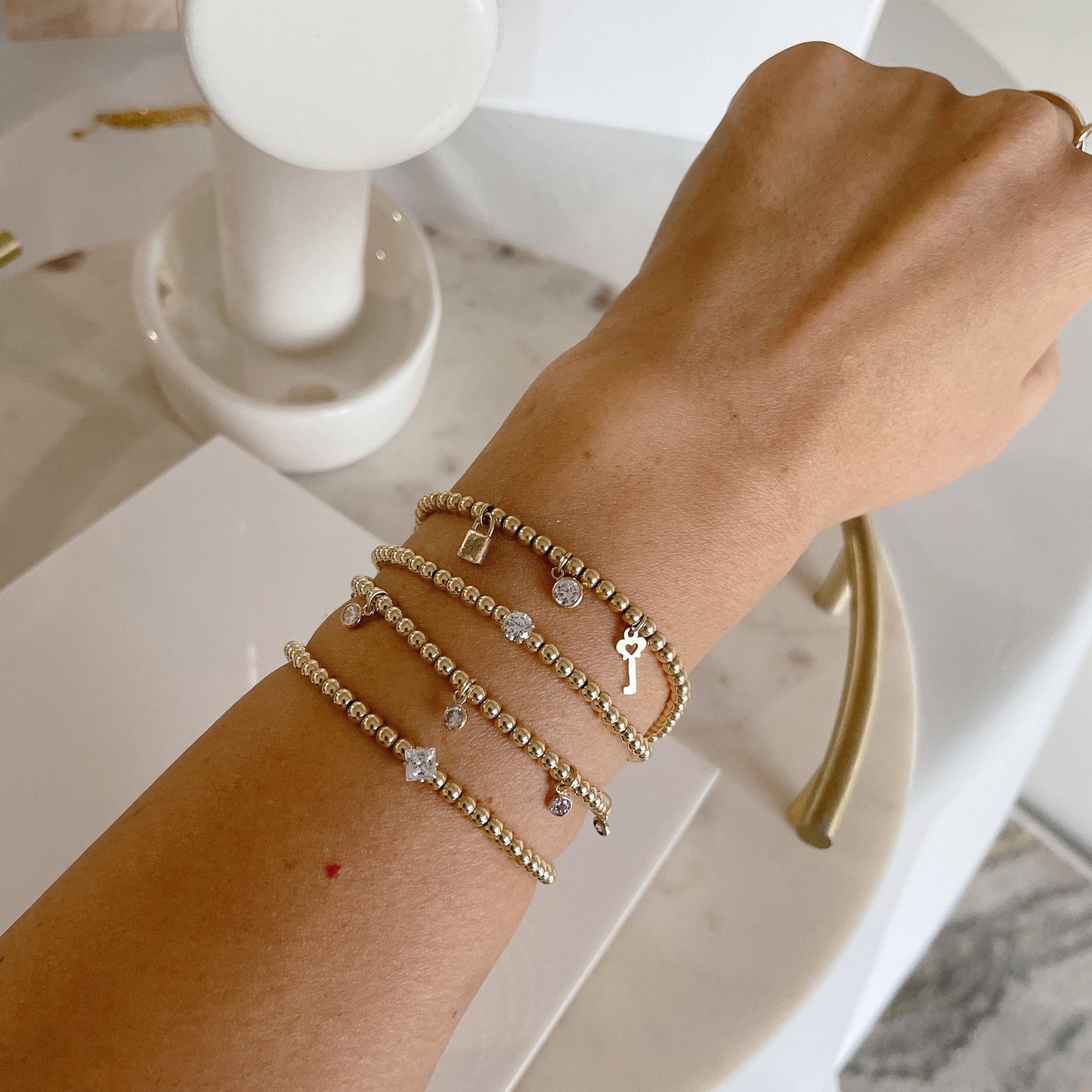 Belief Diamond Collection - 14K Gold Filled 3mm Beaded Bracelet with 0.25 ct Lab Diamond Solitaire | Double Strand Stretch Elastic Band