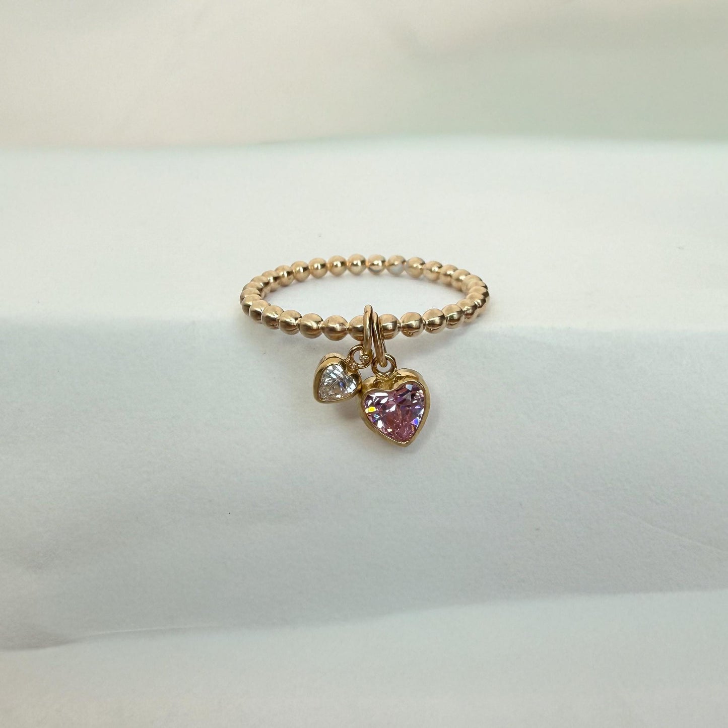 14K Gold-Filled Double Heart Diamond CZ Ring – Dainty Beaded Band