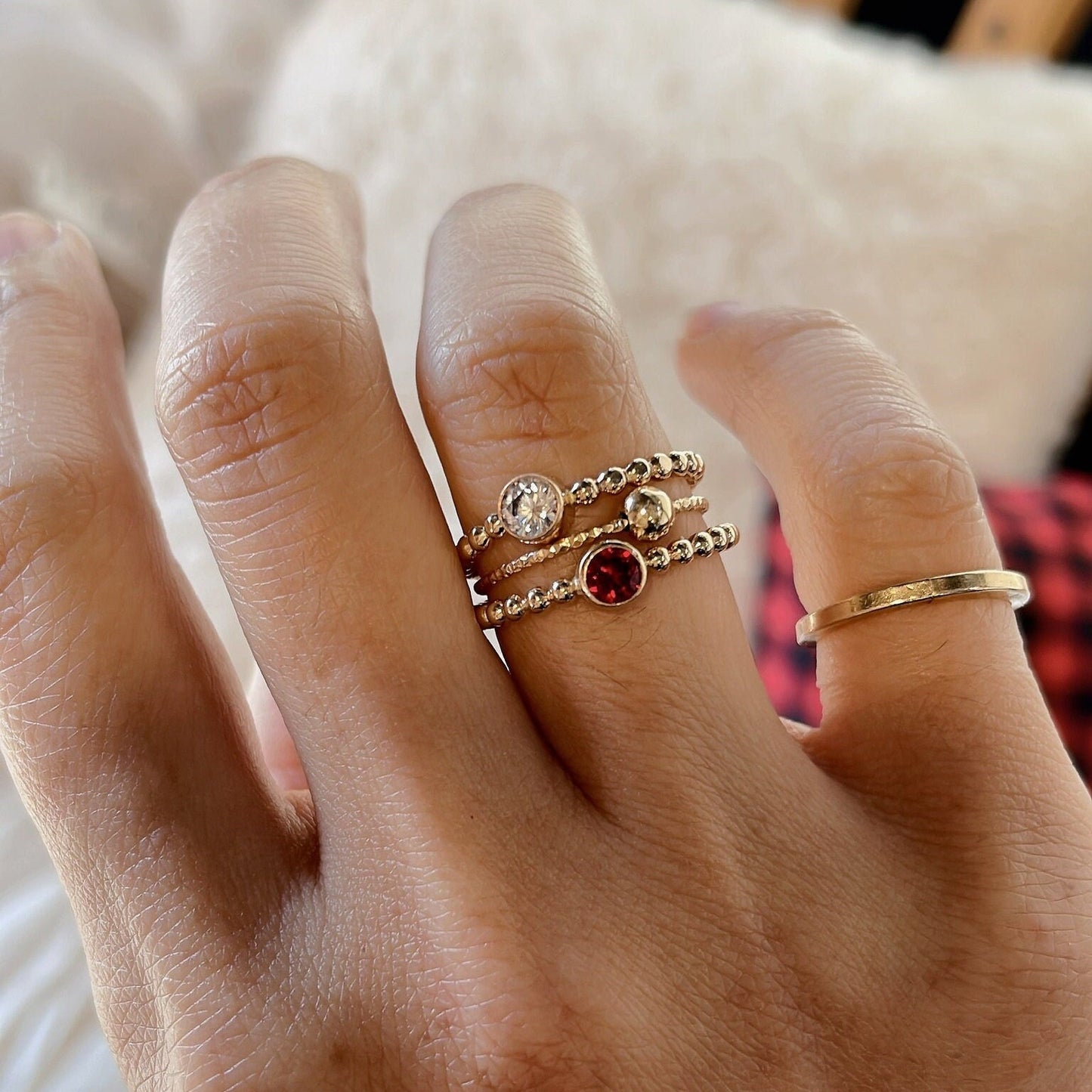 14K Gold Filled Ring Set: Garnet, Emerald, CZ Stackable Rings