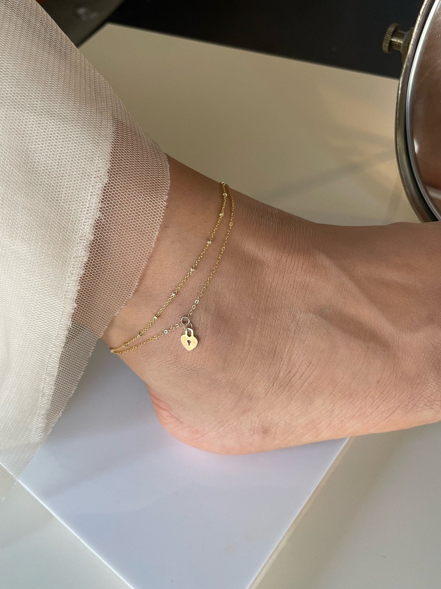14KGF Gold Heart Lock and Key Double Stranded Anklet 14K Gold-Filled with 14K Solid Gold Dainty Anklet Gift for her