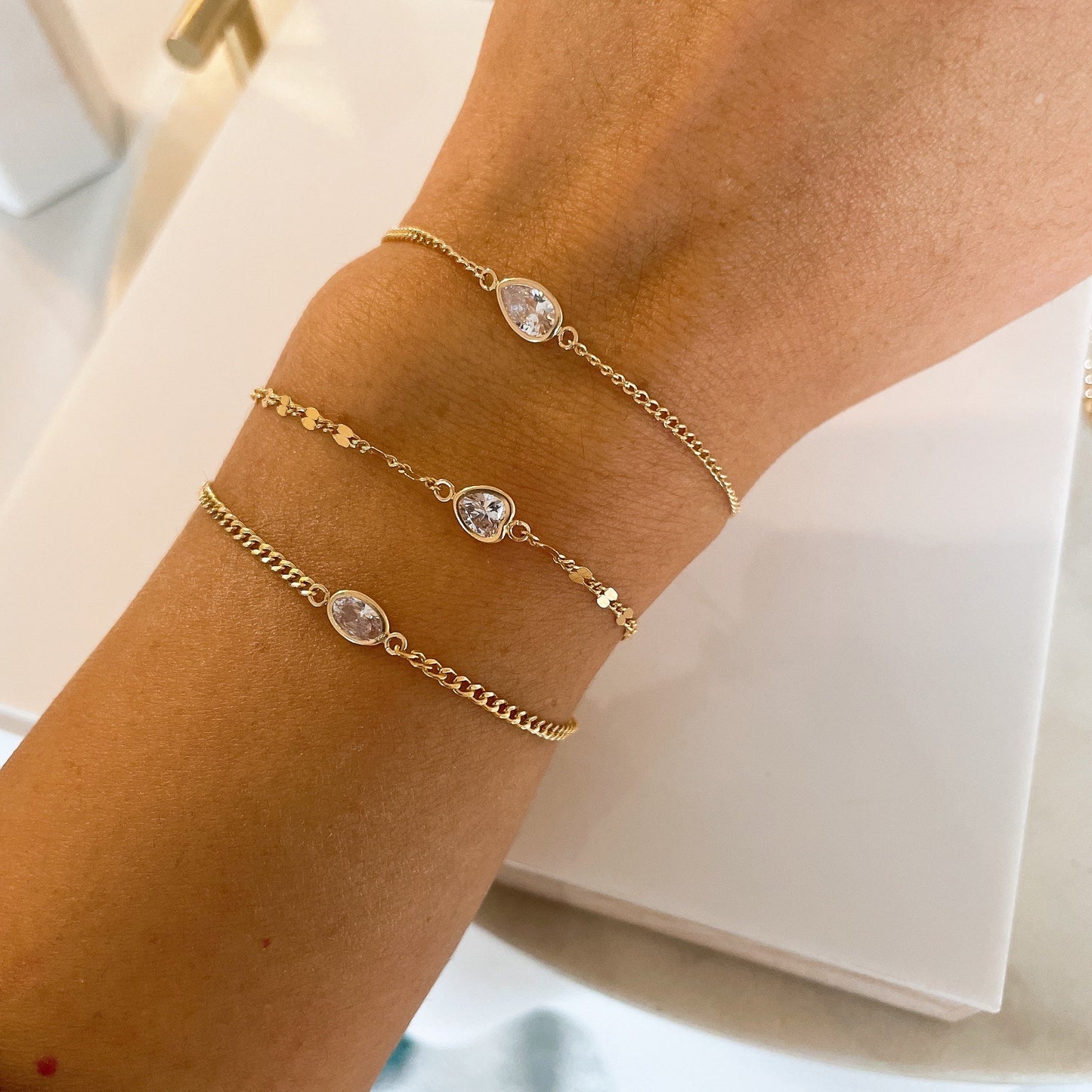 14KGF Cuban Curb Chain Bracelet: Oval CZ Solitaire, Dainty Gold