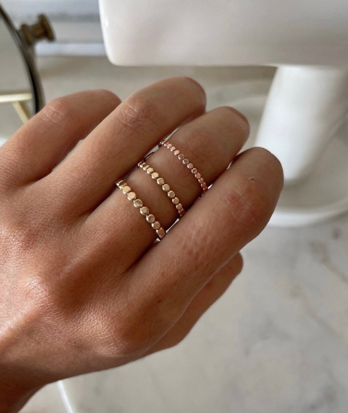 Tricolor 14KGF Ring Set: Gold, Rose Gold, Sterling Silver
