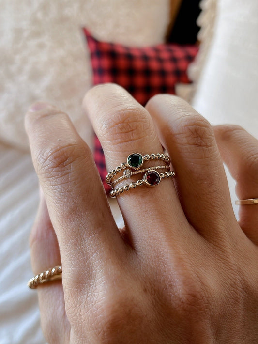 14K Gold Filled Ring Set: Garnet, Emerald, CZ Stackable Rings