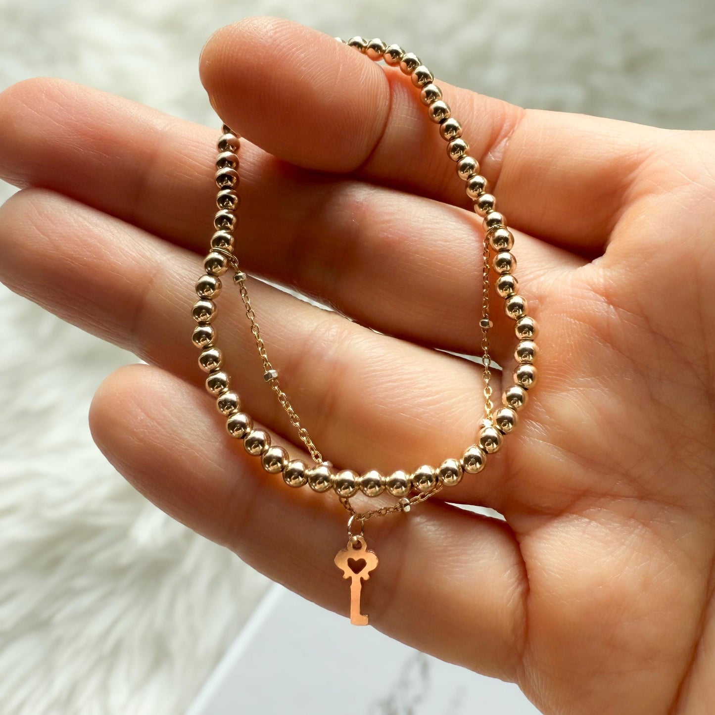 14KGF Dual Chain 3mm Gold Filled Beaded Bracelet | Easy Layered Look with Dainty Key Charm | Gold Filled Enameled Chain (B10, B11, B12)