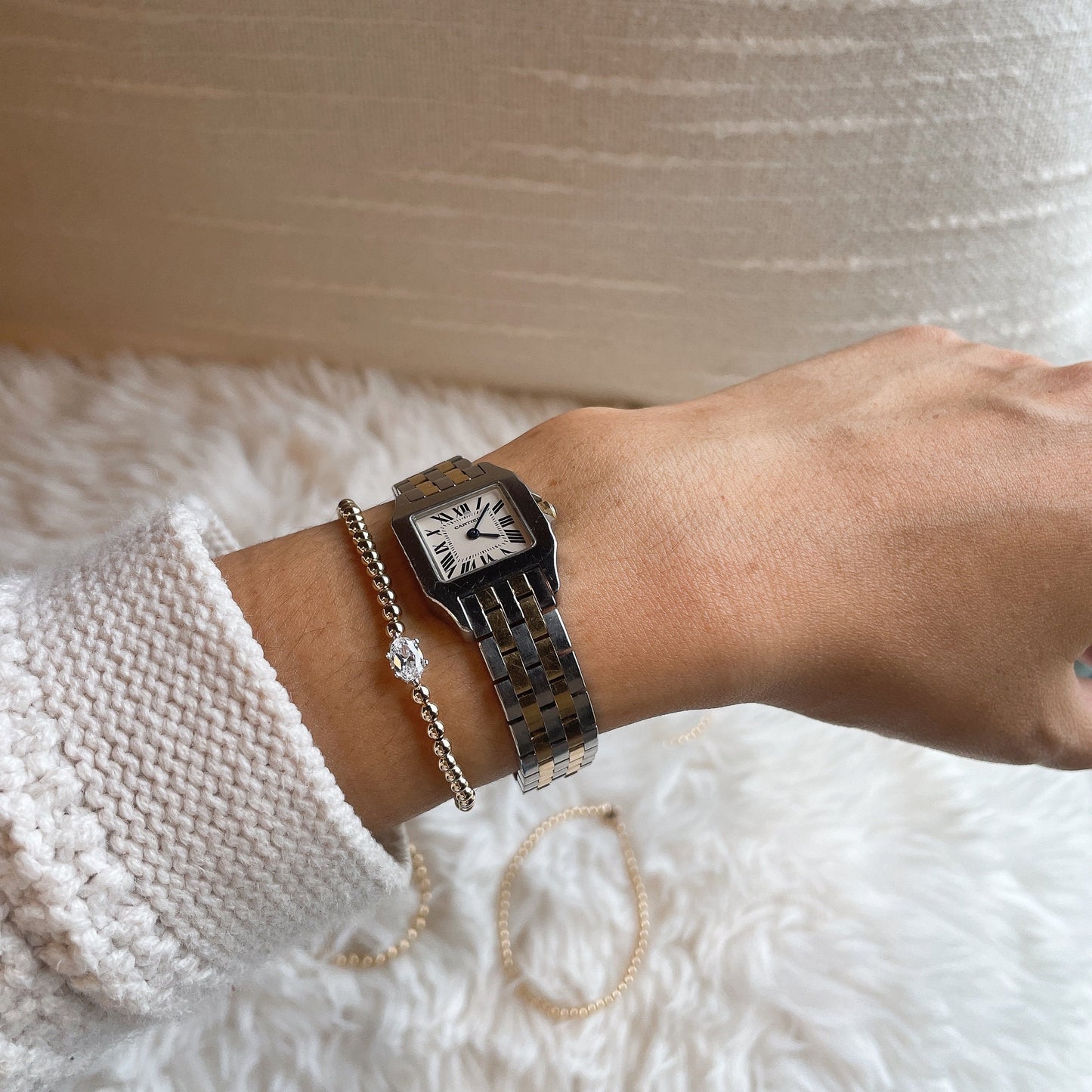 Belief Diamond Collection - 14K Gold Filled Lab Diamond Bracelet: Beaded Solitaire, D-E VVS