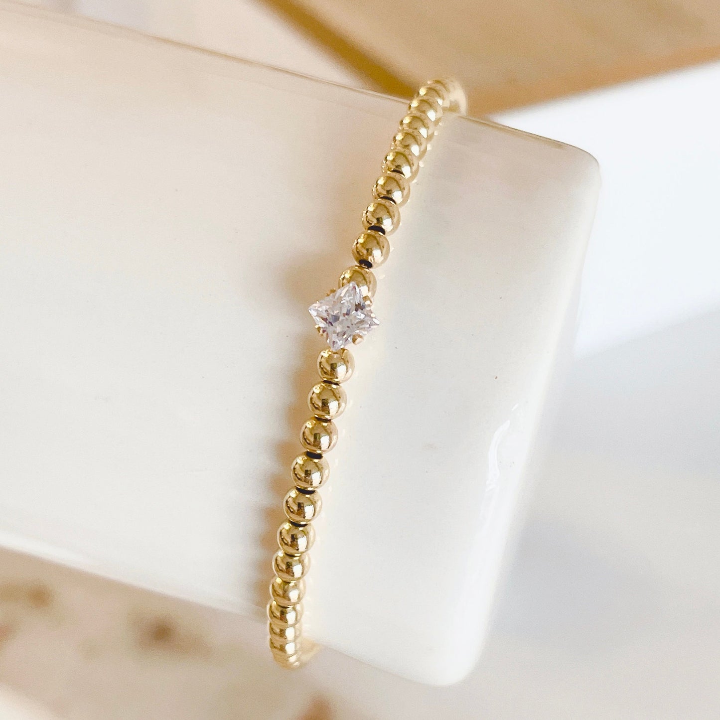 14KGF 3mm Gold Beaded Solitaire Bracelet, Square Diamond CZ Point, Gold Bead Bracelet, Gold Filled Bead Bracelet 1/20 14K