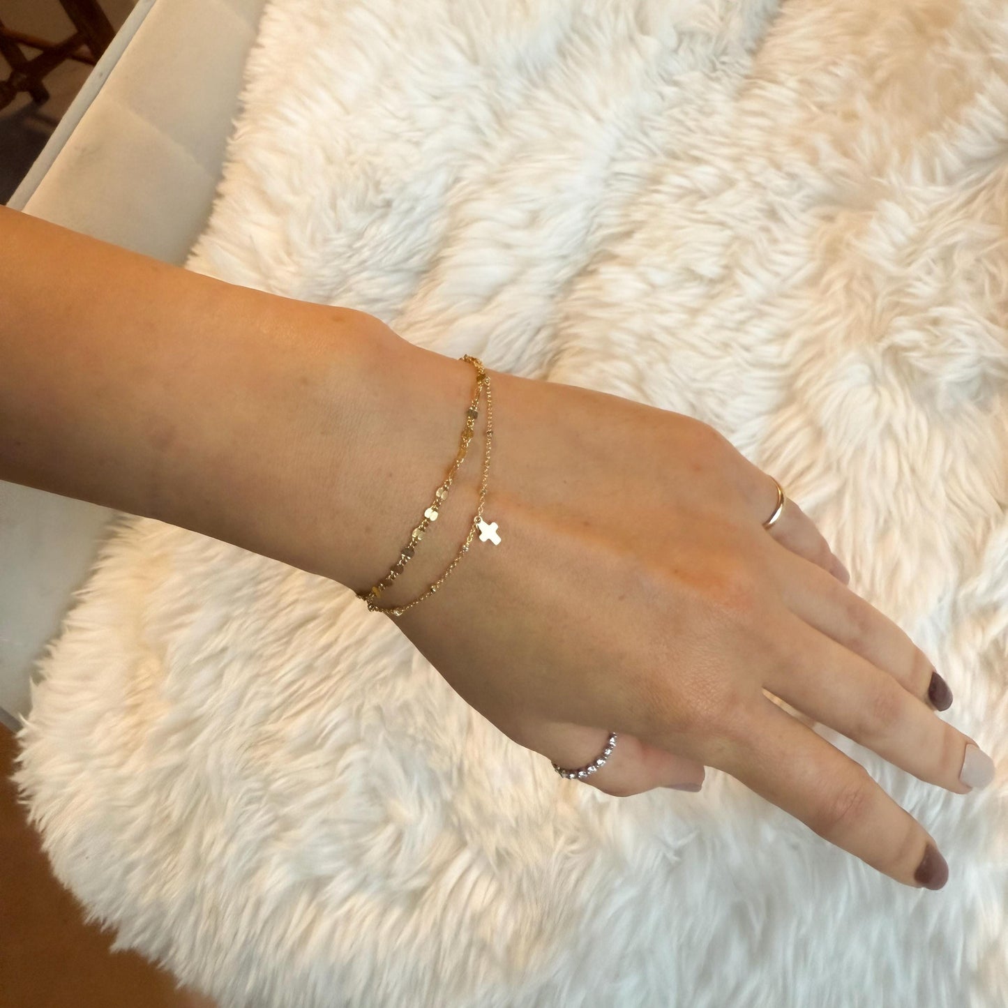 14KGF Gold Filled Double Chain Bracelet with Mini Cross Charm | Dapped & Satellite Layered Design | 1/20 14K Stamped