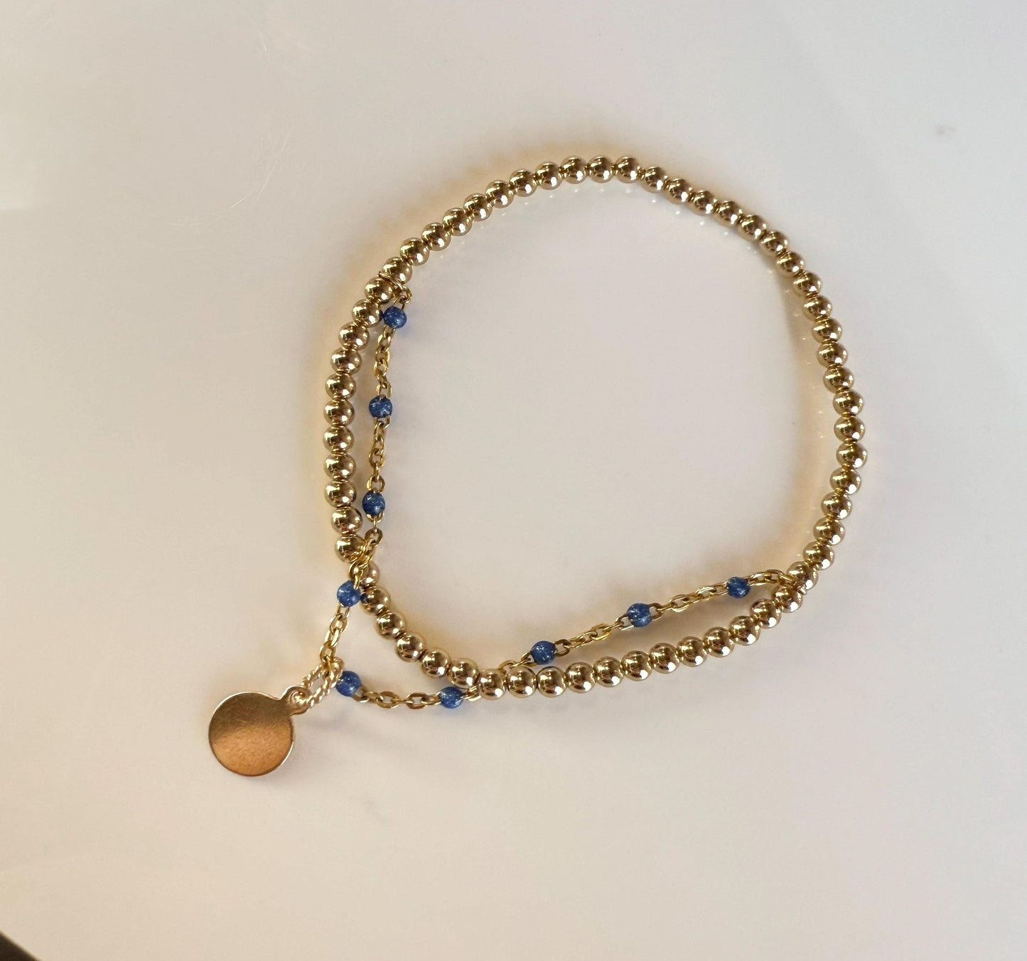 14KGF Dual Chain 3mm Gold Filled Beaded Bracelet | Easy Layered Look with Dainty Key Charm (B11)