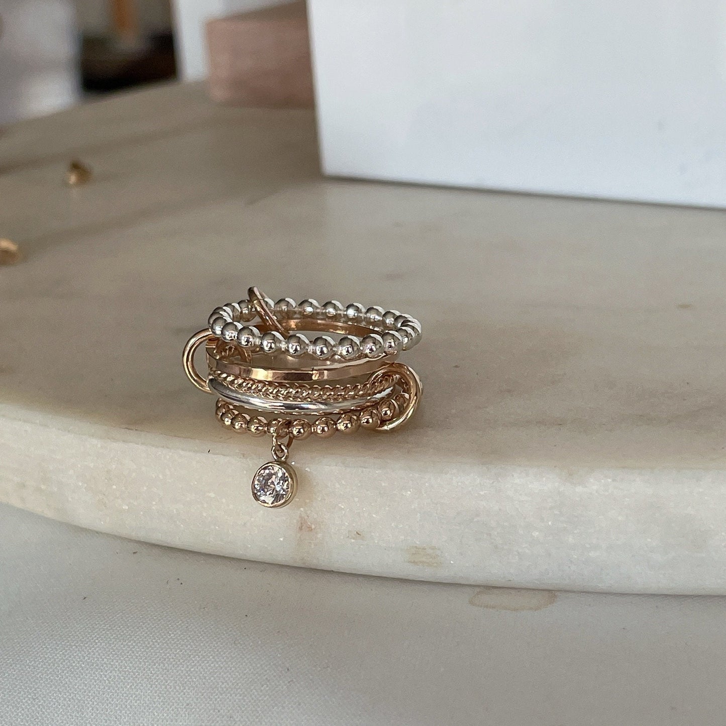 Two Tone 14K Gold Filled Layered Ring with Beaded and Twist Bands CZ Charm Stacking Ring Sterling Silver Gold Filled Mixed Metal Ring (R12)