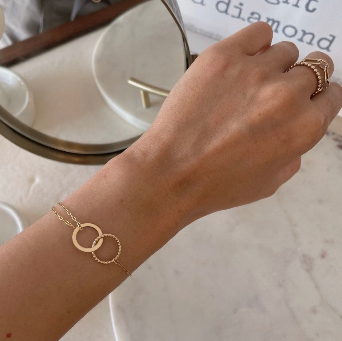 14K Gold Filled Necklace Bracelet Set: Disc Pendant, Double Strand