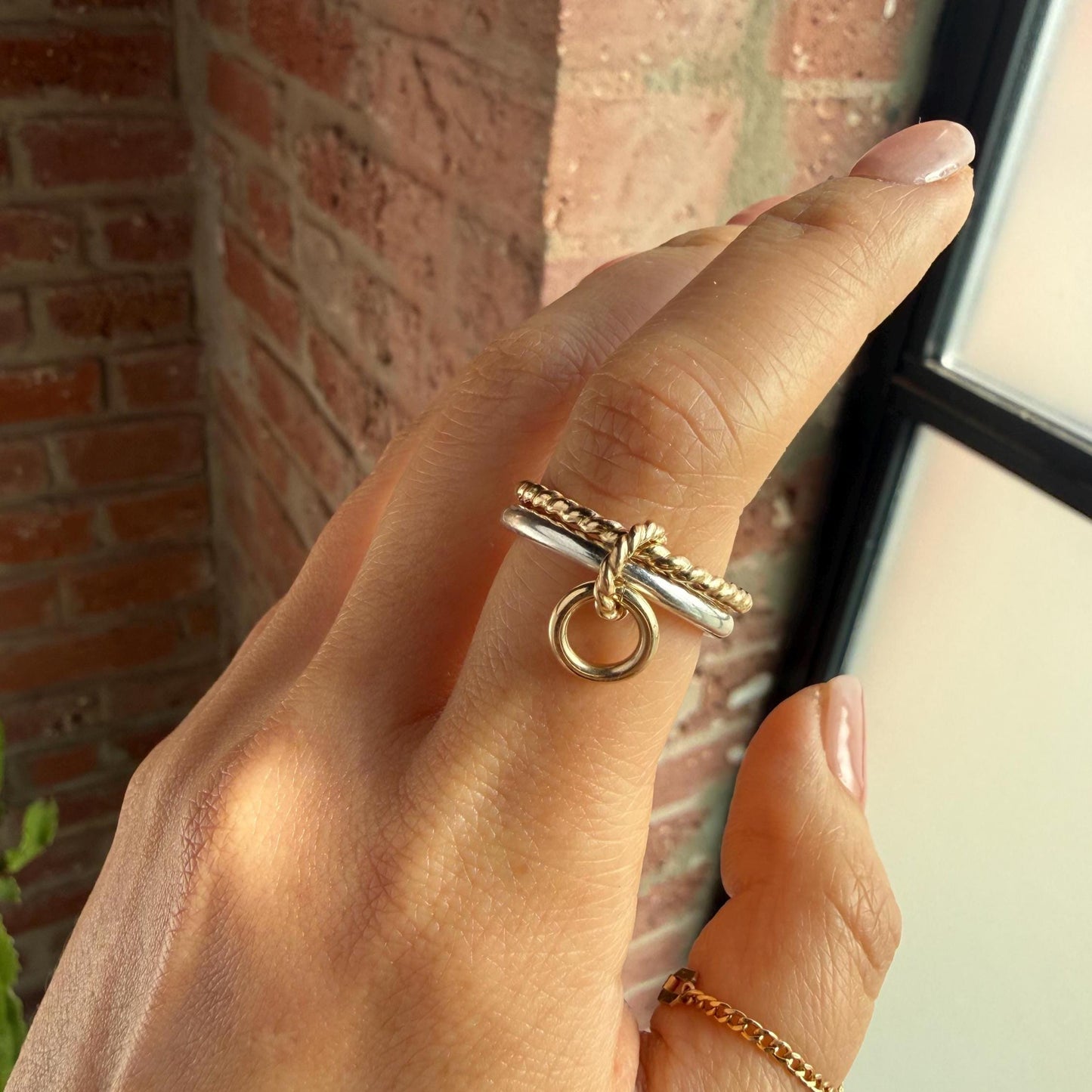 Belief GF Link Ring Two-Tone Connected Dangle Rings: 14KGF Gold and Sterling Silver Stacking Ring Twist Point Dangle