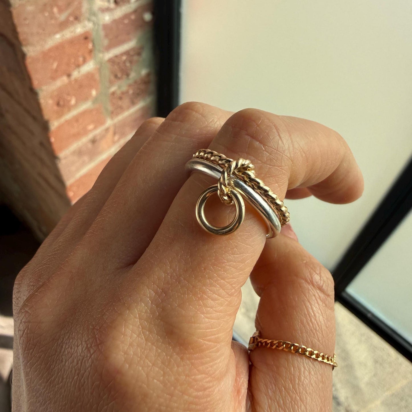 Belief GF Link Ring Two-Tone Connected Dangle Rings: 14KGF Gold and Sterling Silver Stacking Ring Twist Point Dangle