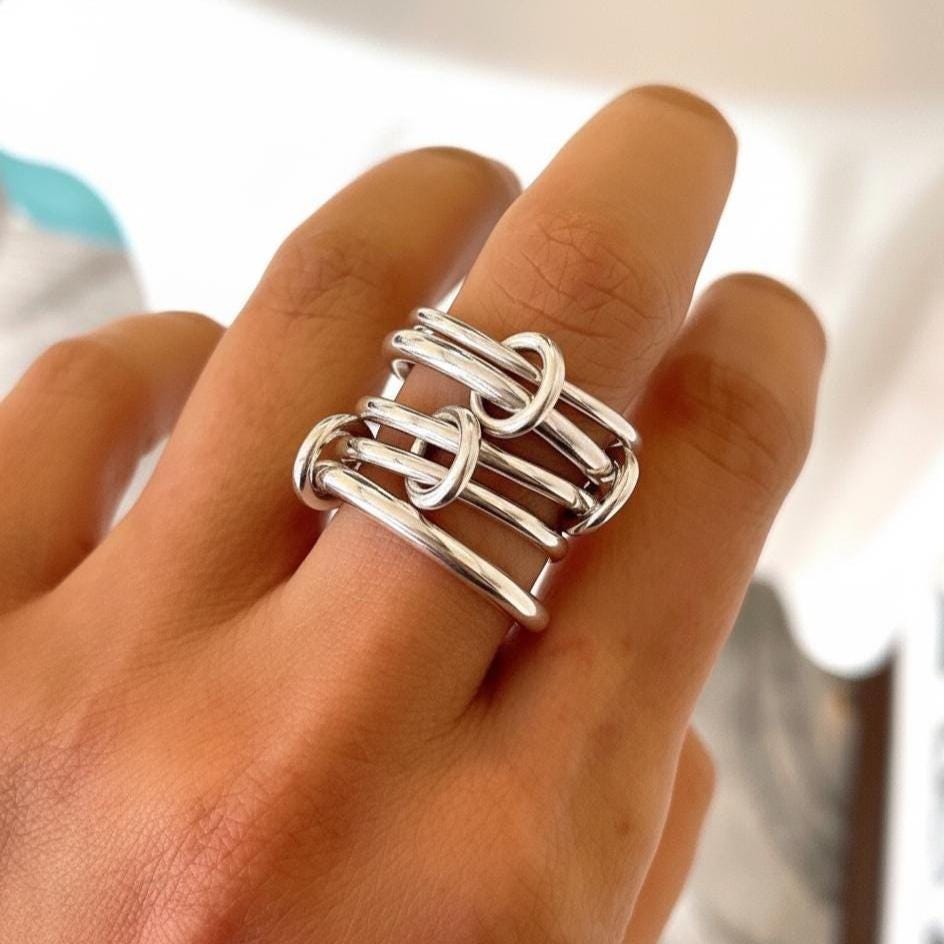 14KGF Double Heavy Fit Gold & Silver Ring | 14KGF Layered Link Statement Ring – Mixed Metal Geometry and unapologetically bold (R14)