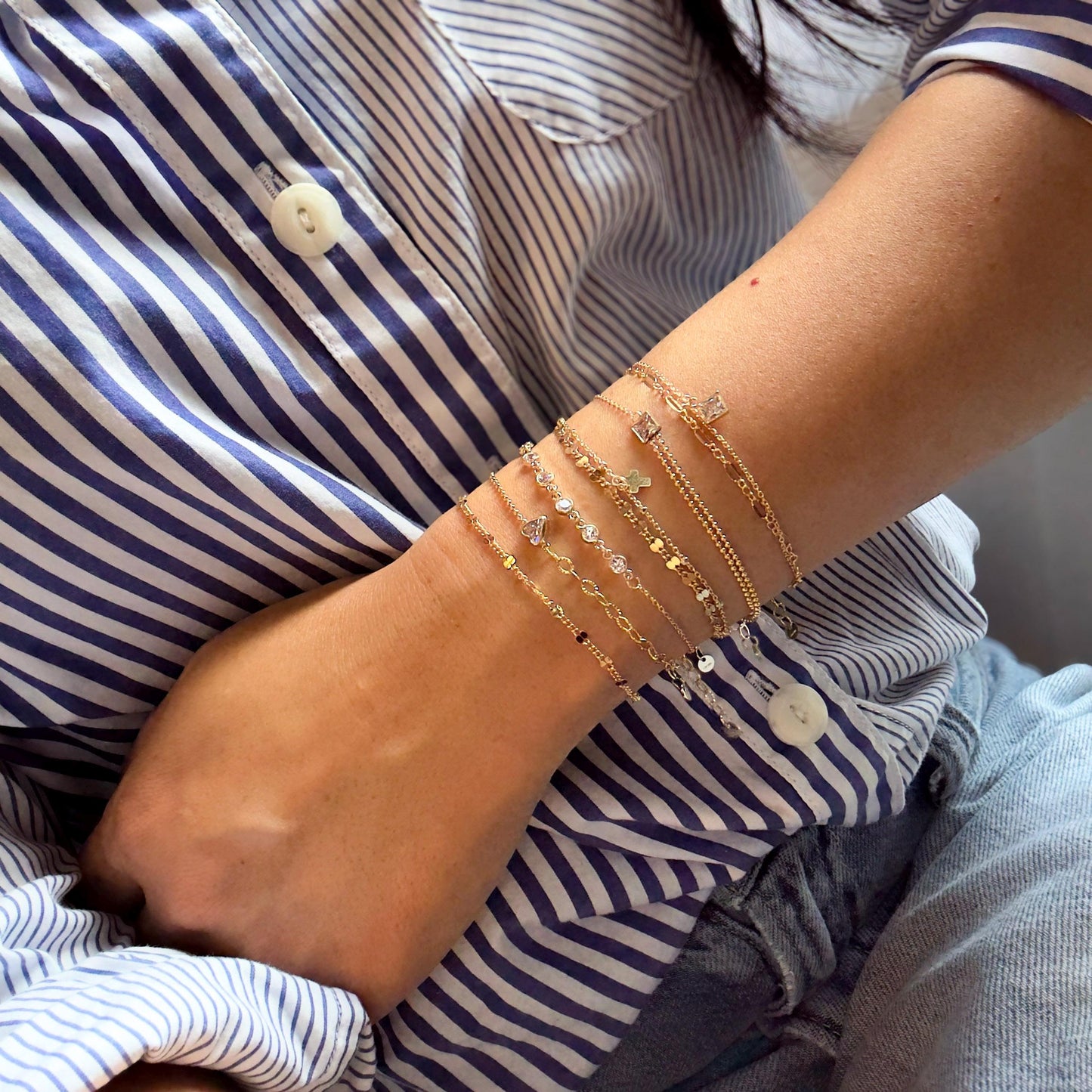 14KGF Gold Filled Double Chain Bracelet with Mini Cross Charm | Dapped & Satellite Layered Design | 1/20 14K Stamped