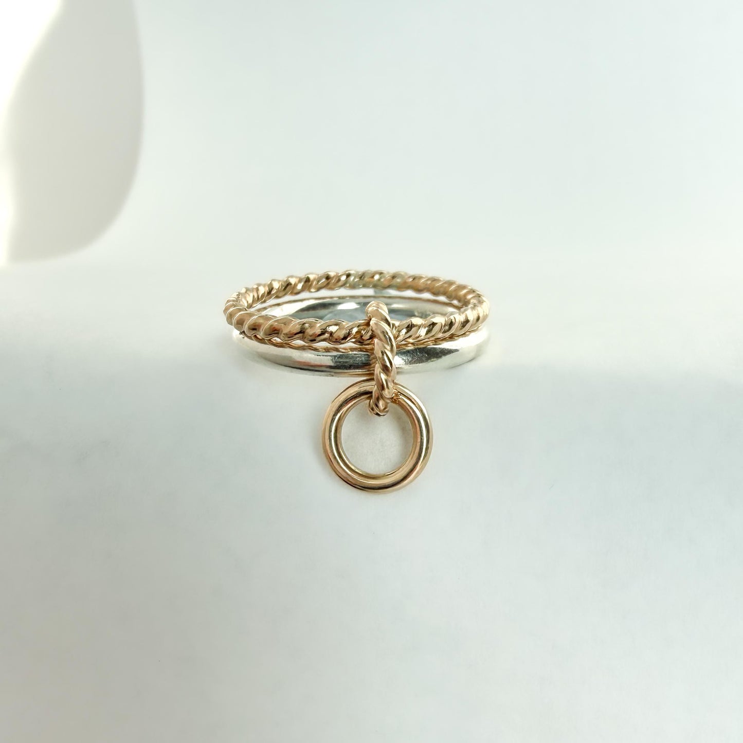 Belief GF Link Ring Two-Tone Connected Dangle Rings: 14KGF Gold and Sterling Silver Stacking Ring Twist Point Dangle