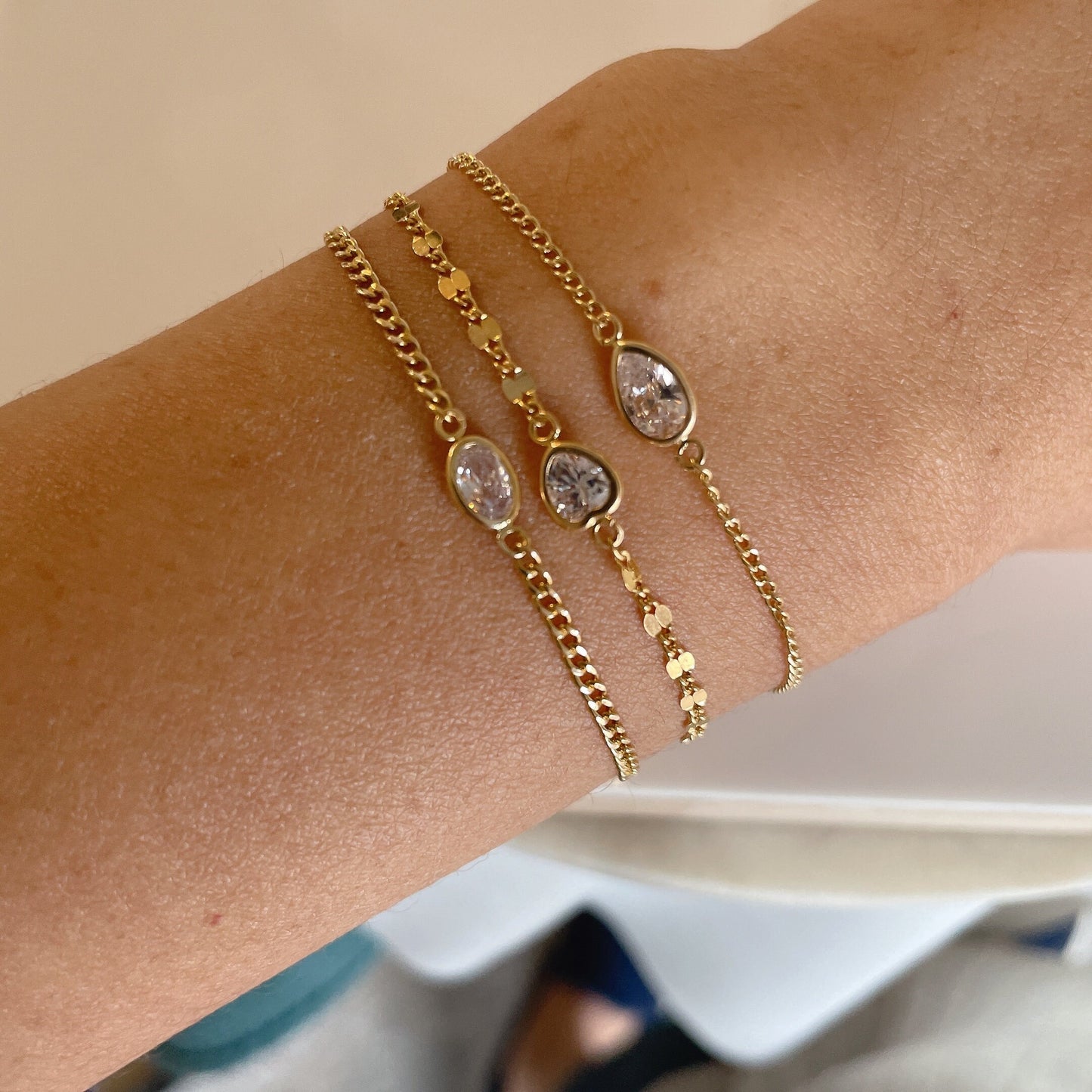14KGF Pear CZ Solitaire Bracelet: Delicate Gold Filled Chain