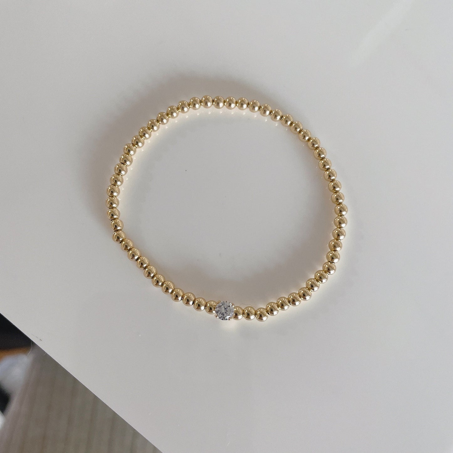 Belief Diamond Collection - 14K Gold Filled 3mm Beaded Bracelet with 0.25 ct Lab Diamond Solitaire | Double Strand Stretch Elastic Band