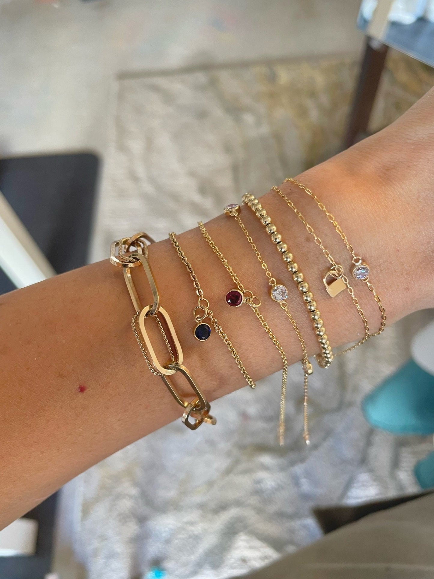 14K Goldfilled Sapphire Garnet Dangle Bracelet