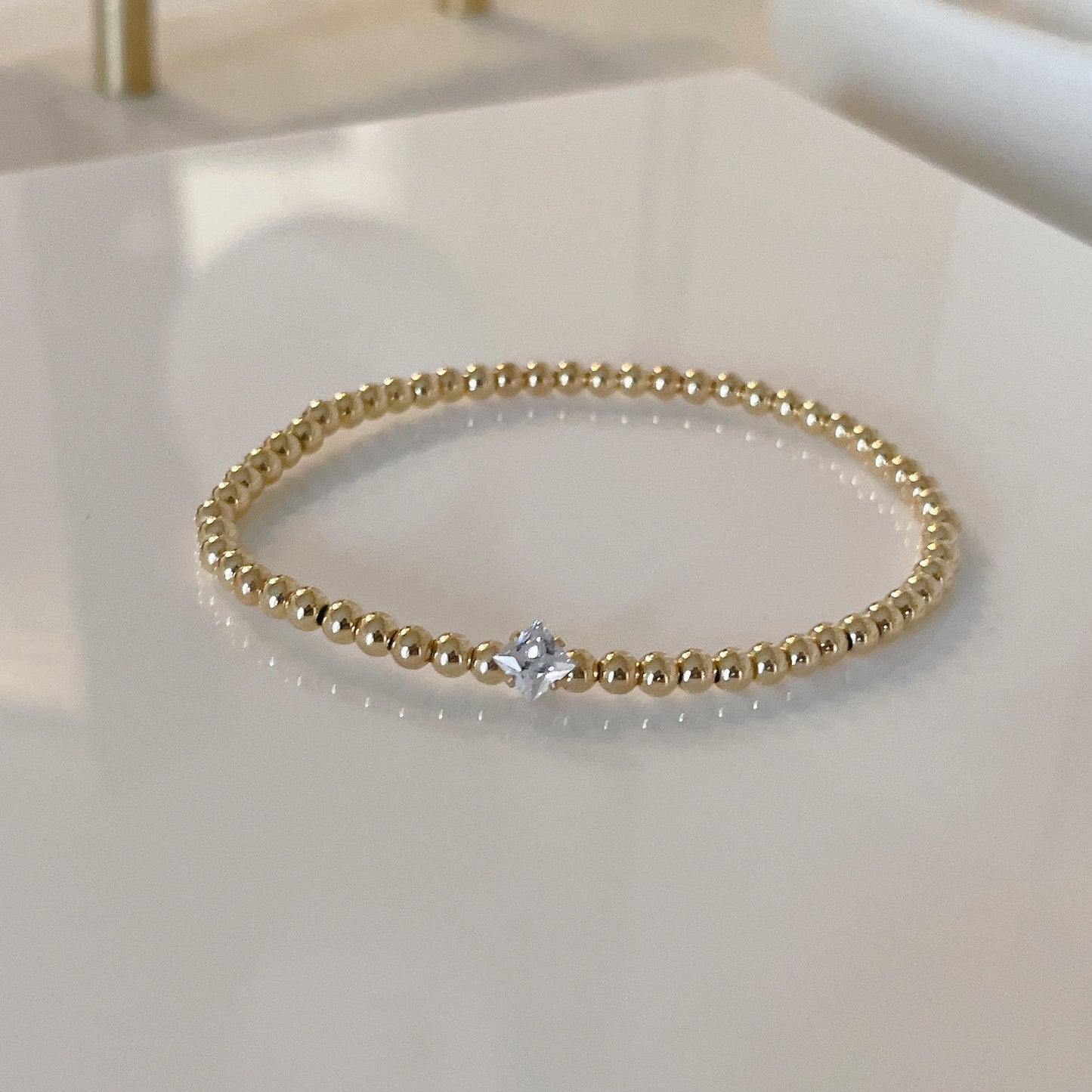 14KGF 3mm Gold Beaded Solitaire Bracelet, Square Diamond CZ Point, Gold Bead Bracelet, Gold Filled Bead Bracelet 1/20 14K