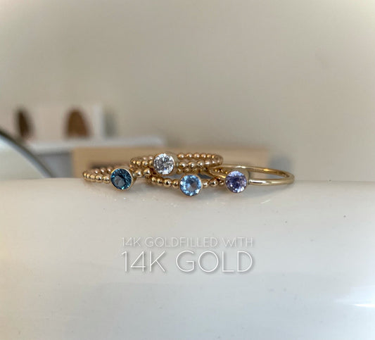 14KGF Bezel Birthstone Ring: Handmade Gold Stacking Ring
